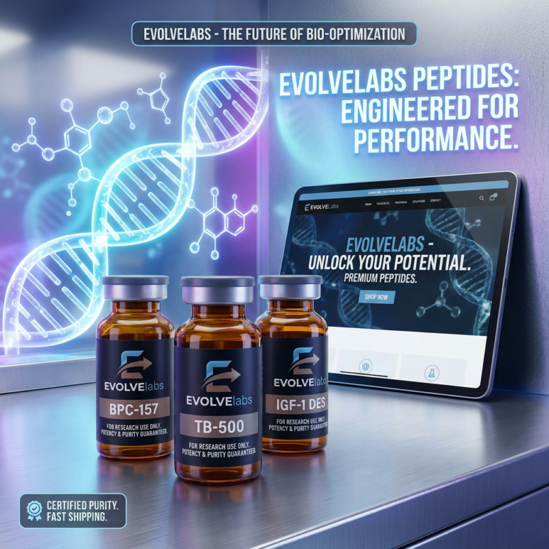 Three EvolveLabs peptide bottles labeled BPC-157, TB-500, and IGF-1 DES on a table next to a tablet displaying EvolveLabs website