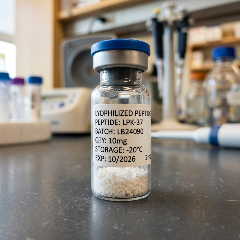 Vial labeled Retatrutide peptide LPK-37 with batch LB24090 and expiration