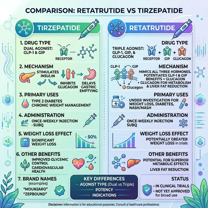 Comparison infographic of Retatrutide vs Tirzepatide PEPTIDE types, mechanisms, uses, administration, weight loss effects, benefits, brand names, and trial status.