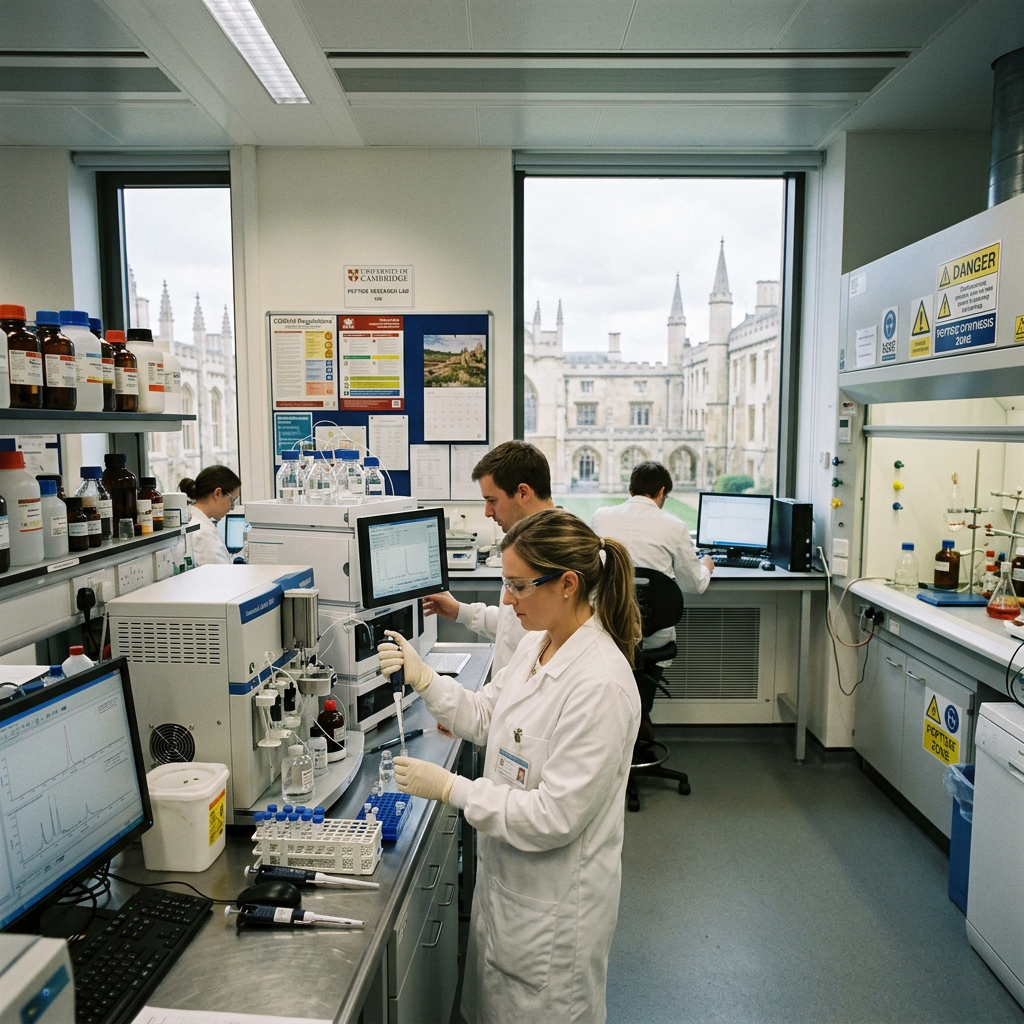 research peptides UK Scientists in a laboratory using analytical instruments and computers