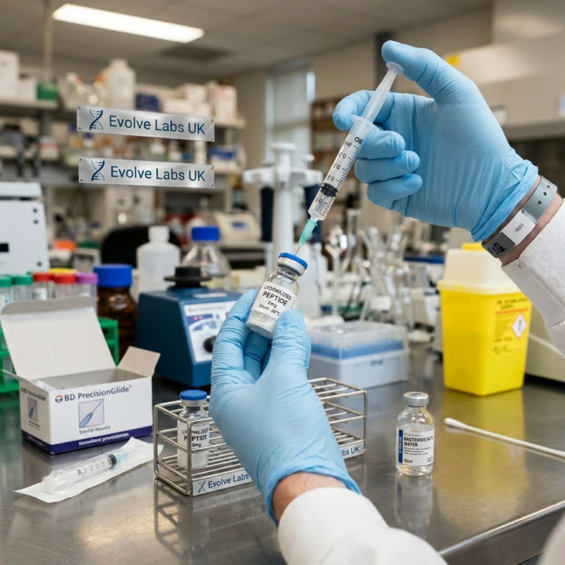 Gloved hands drawing liquid from a vaccine vial with a syringe in a laboratory