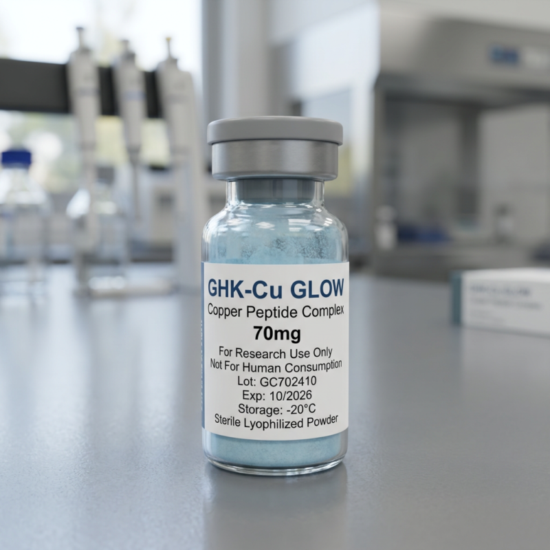 Vial labeled GHK-Cu GLOW copper peptide complex 70mg for research use only sterile lyophilized powder